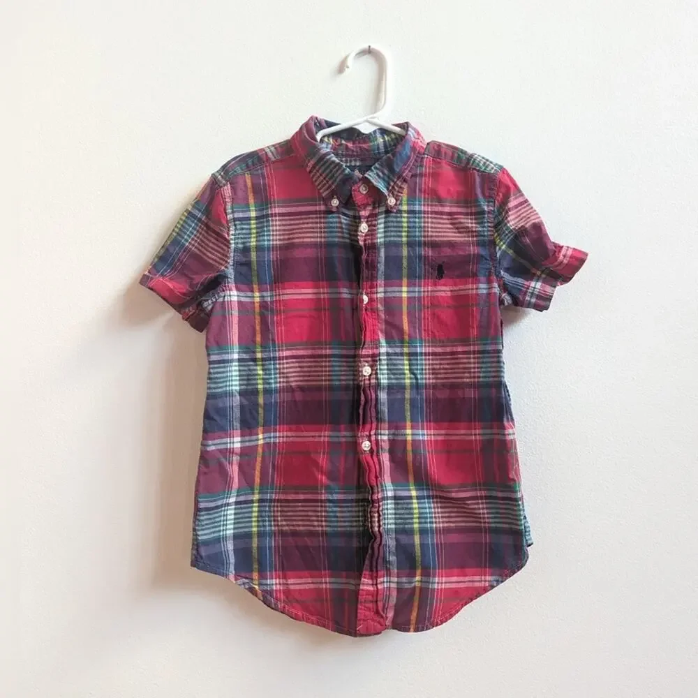 Ralph Lauren Red Rainbow Plaid Button Down Shirt Boys 6 Preppy Classic Pony
